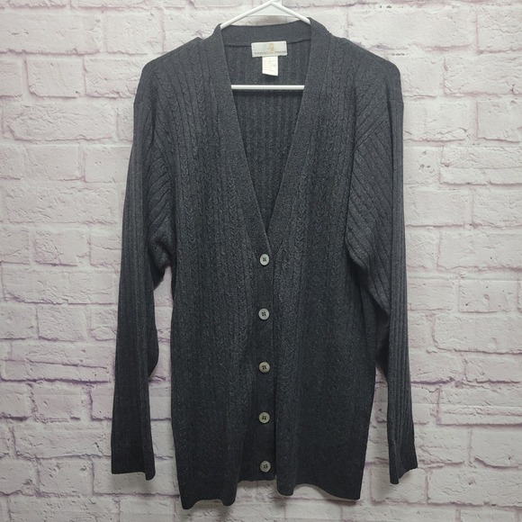 Precious Fibers Cashmere Silk Cardigan Sweater Mens L Charcoal Gray V-Neck Cable - Picture 1 of 9